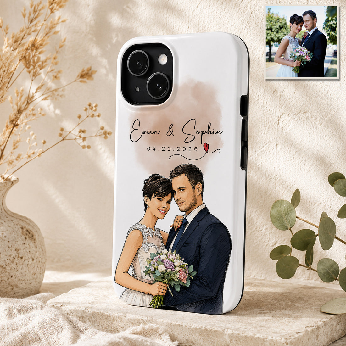 Tough Phone Case for iPhone & Samsung, Personalized Wedding Sketch Doodle Photo Case with Custom Text