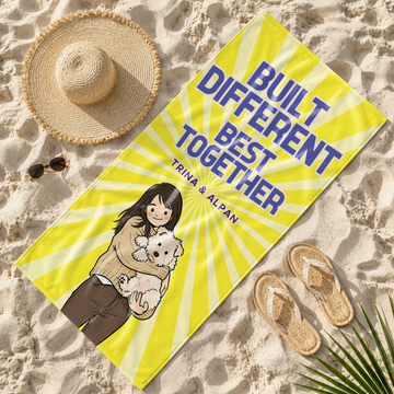 Personalized Pet and Owner Funny Doodle Beach Towel with Custom Text, Playful Summer Gift for Pet Parents