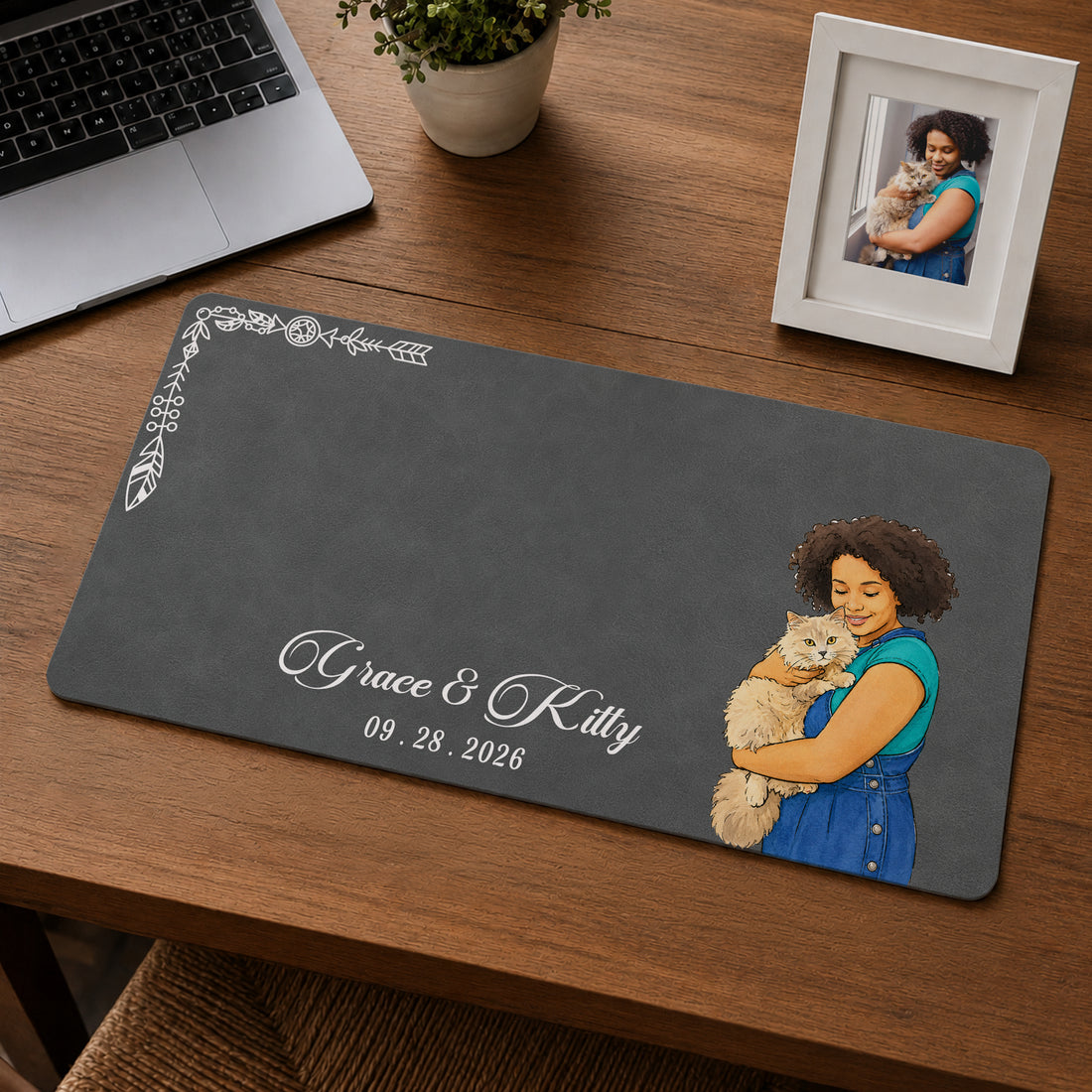 Custom Cat & Owner Photo Watercolor Doodle Desk Mat with Personalized Text, Cute Cat Lover Desk Pad Gift