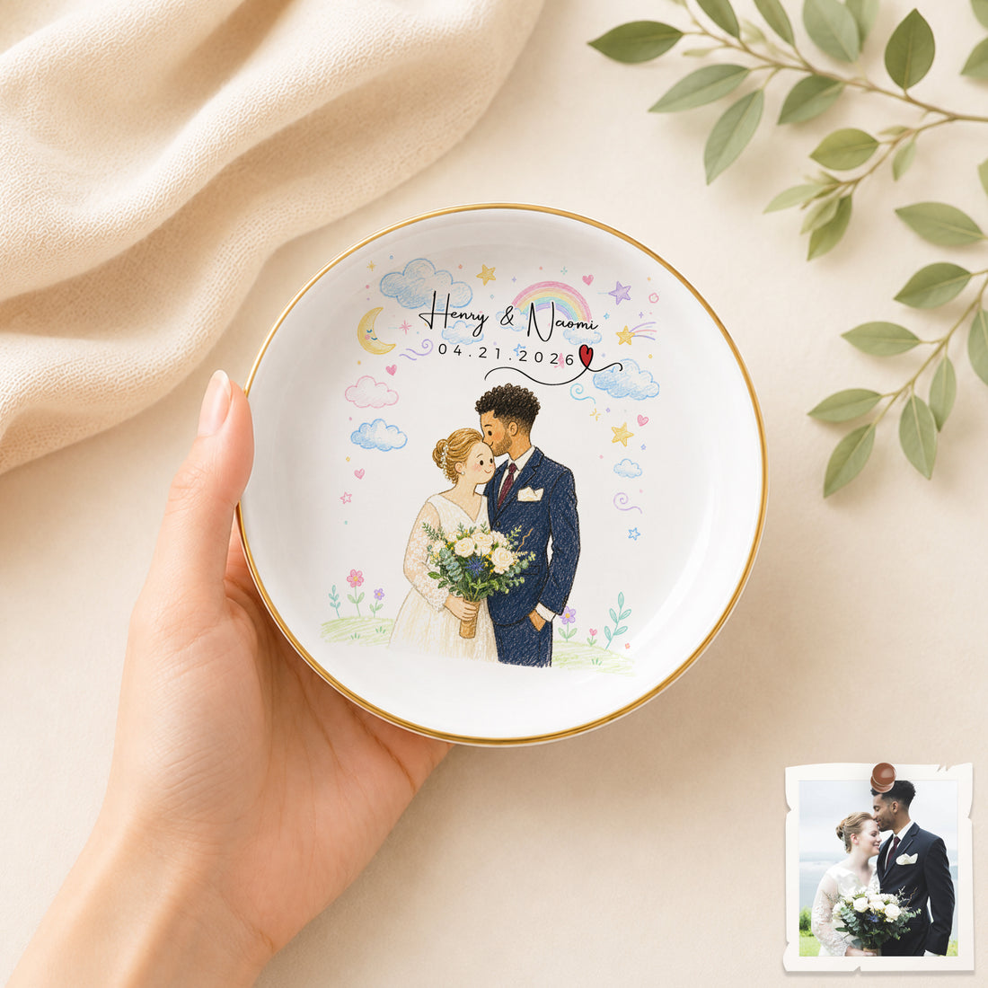 Personalized Wedding Crayon Doodle Trinket Dish with Custom Text, Custom Couple Ring Holder Keepsake Gift