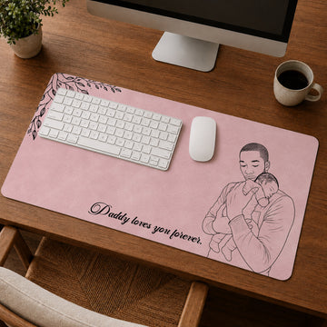 Personalized Baby With Dad Detailed Line Art Desk Mat with Custom Text, Custom First Time Father Desk Pad Gift