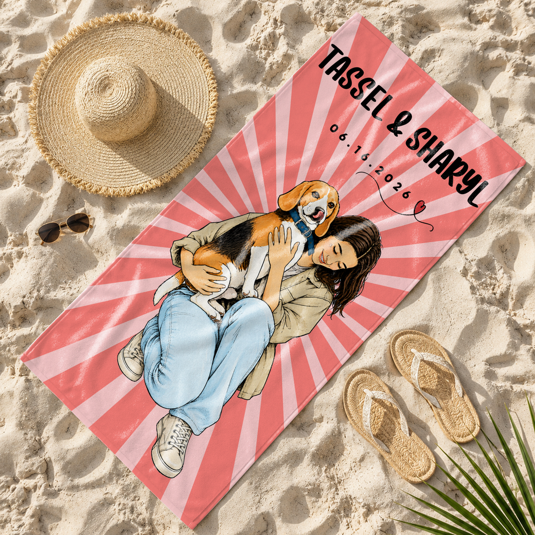 Custom Pet and Owner Sketch Doodle Beach Towel with Personalized Text, Cute Summer Keepsake Gift