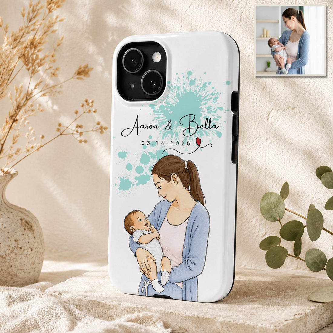 Tough Phone Case for iPhone & Samsung, Personalized Baby With Mom Watercolor Doodle Photo Case with Custom Text