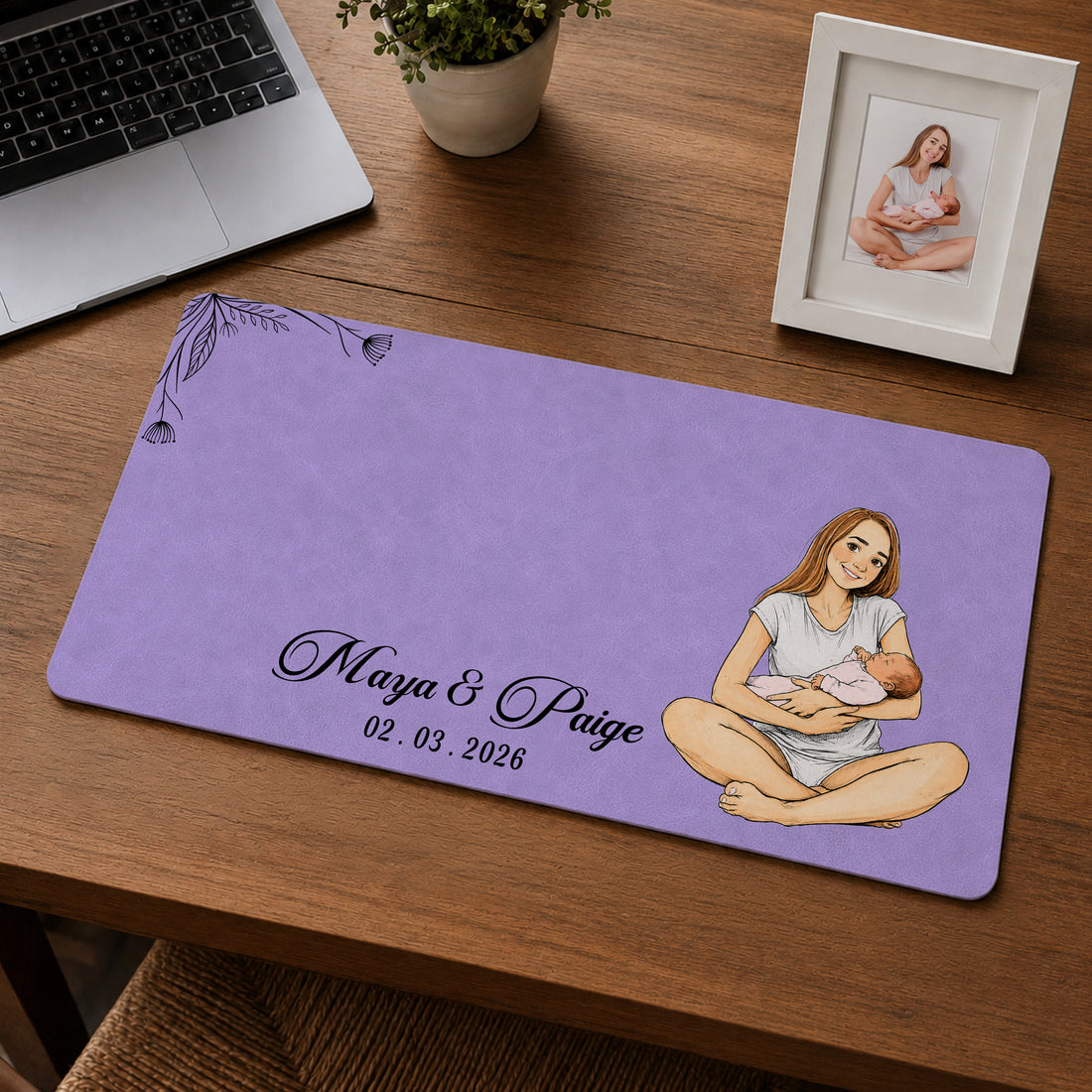 Personalized Baby With Mom Photo Sketch Doodle Desk Mat with Custom Text, Custom First Time Mom Desk Pad Gift