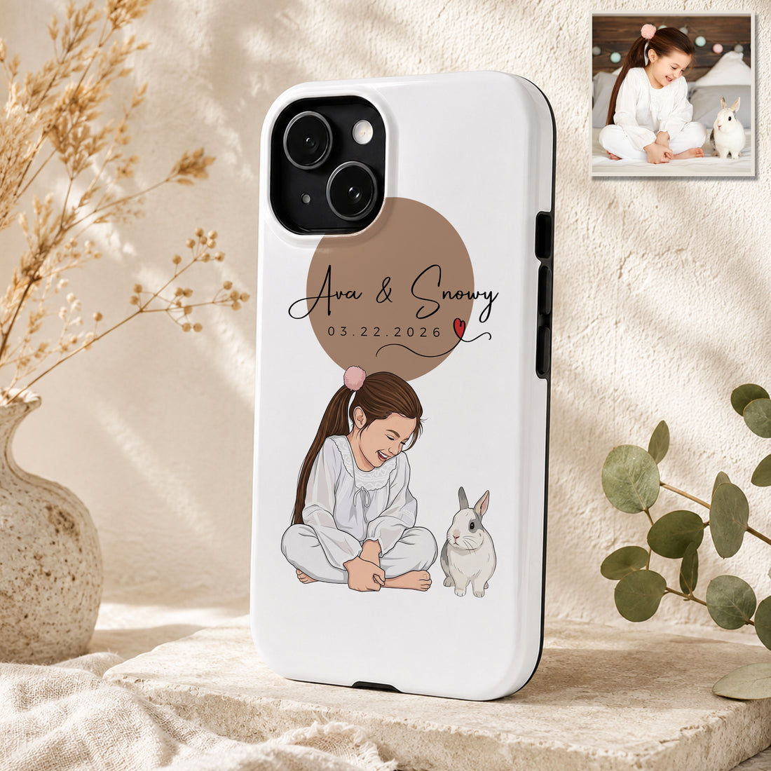 Tough Phone Case for iPhone & Samsung, Personalized Pet and Owner Photo Illustration Case with Custom Text