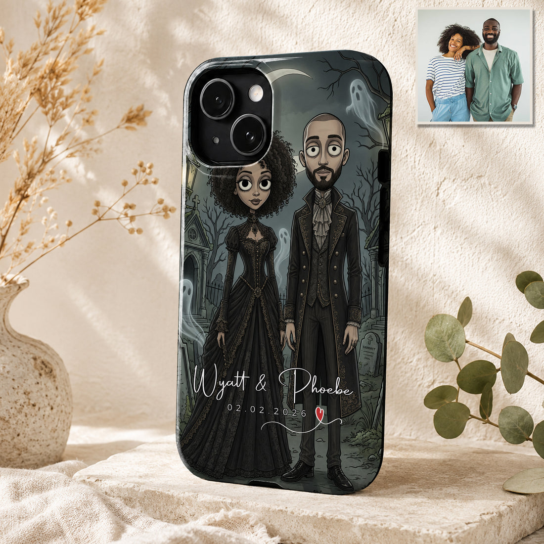 Tough Phone Case for iPhone & Samsung, Personalized Couple Gothic Portrait Case with Custom Text
