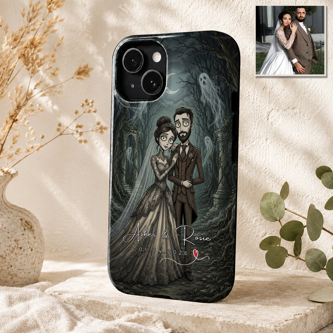 Tough Phone Case for iPhone & Samsung, Personalized Wedding Gothic Portrait Case with Custom Text