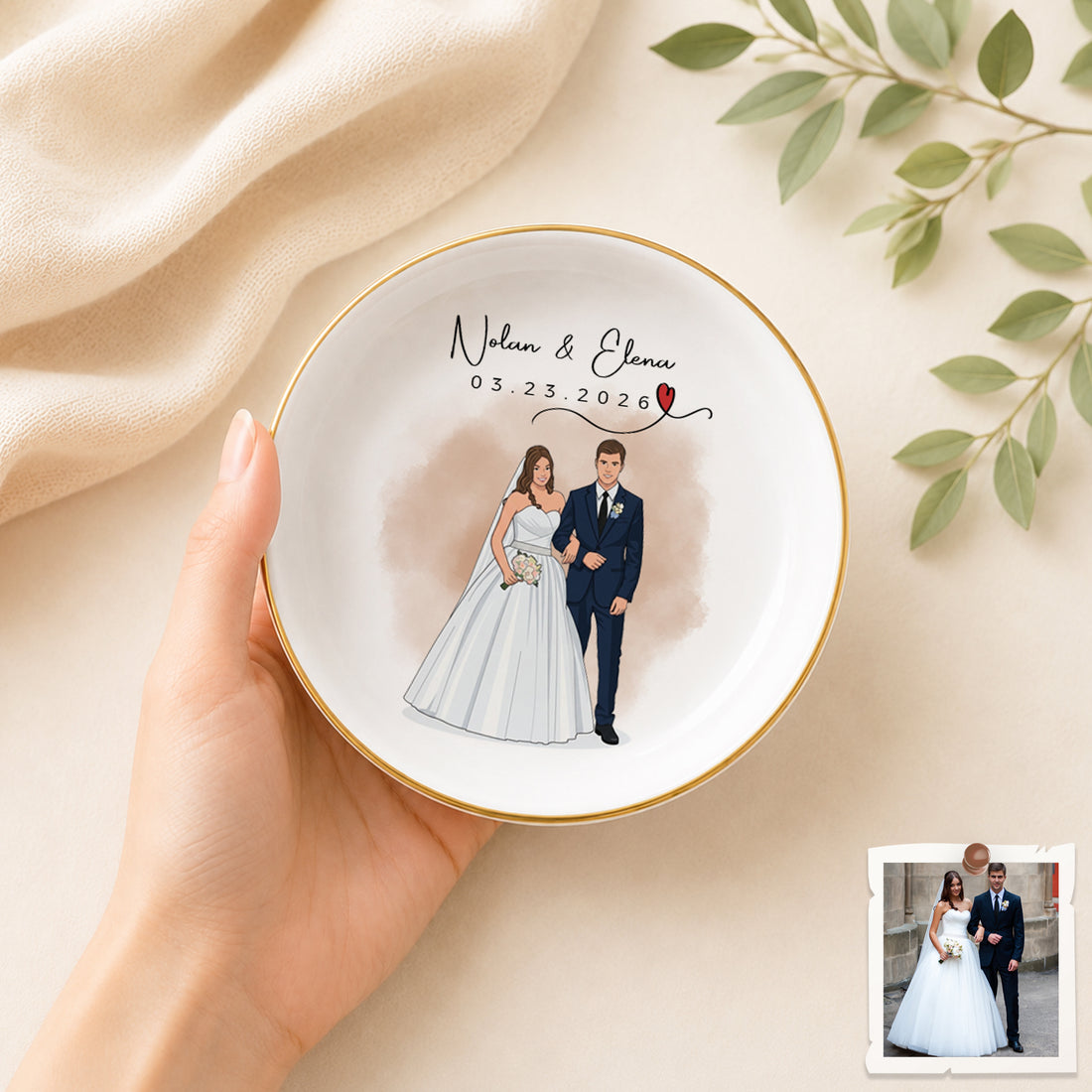 Personalized Engagement and Wedding Photo Illustration Trinket Dish with Custom Text, Romantic Couple Keepsake Gift