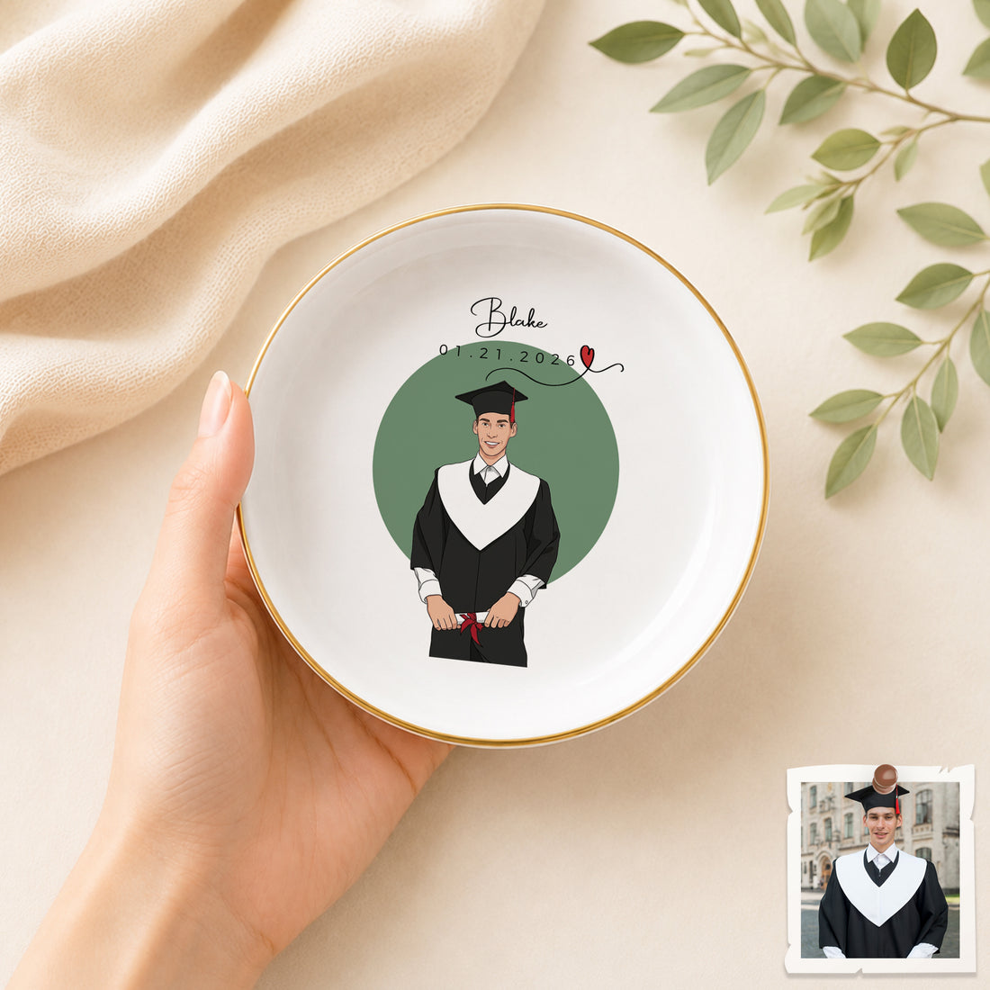 Personalized Graduation Photo Illustration Trinket Dish with Custom Text, Custom Graduate Jewelry Keepsake Gift