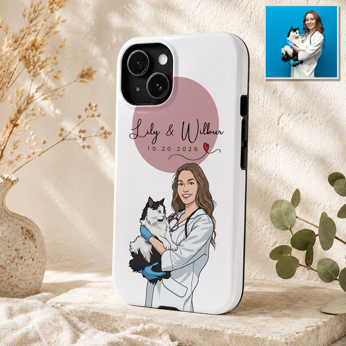 Tough Phone Case for iPhone & Samsung, Personalized Nurse Vet Photo Illustration Case with Custom Text