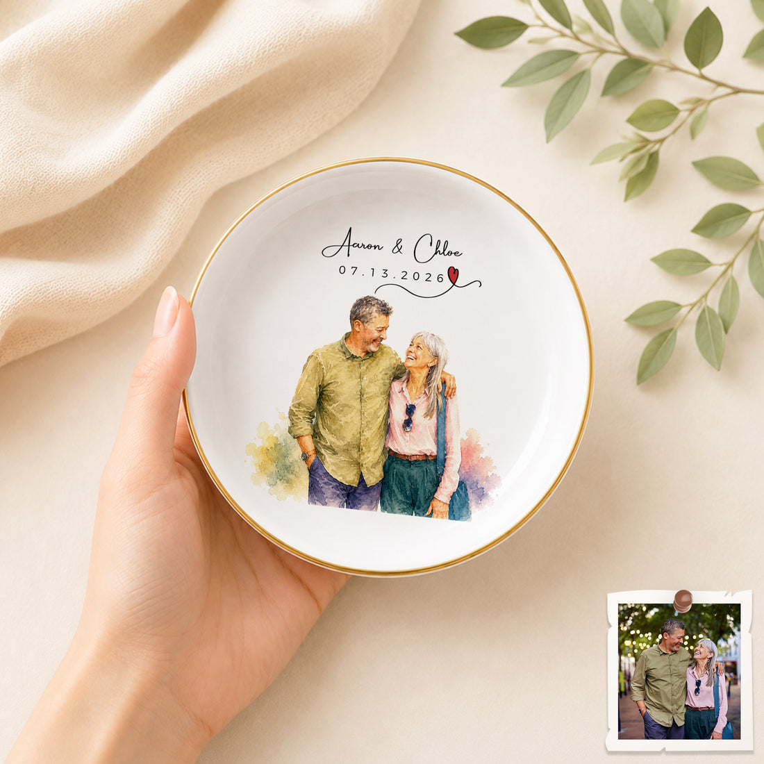 Personalized Young and Older Couple Watercolor Trinket Dish with Custom Text, Romantic Anniversary Keepsake Gift