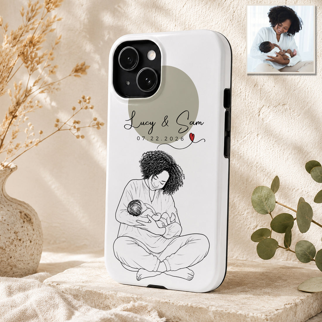 Tough Phone Case for iPhone & Samsung, Personalized First-Time Mom and Baby Detailed Line Art Case with Custom Text