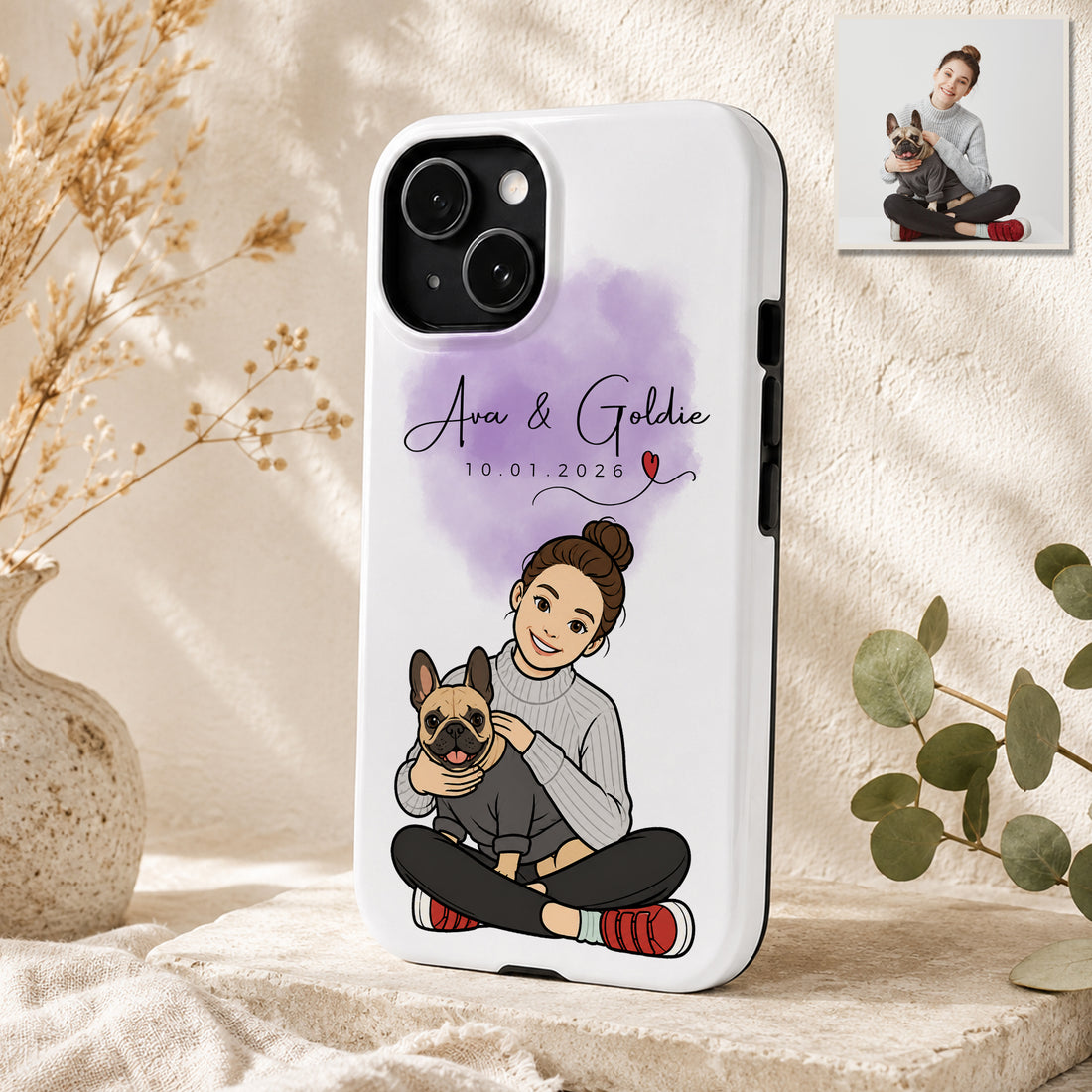 Tough Phone Case for iPhone & Samsung, Custom Pet & Owner Funny Doodle Case with Personalized Text