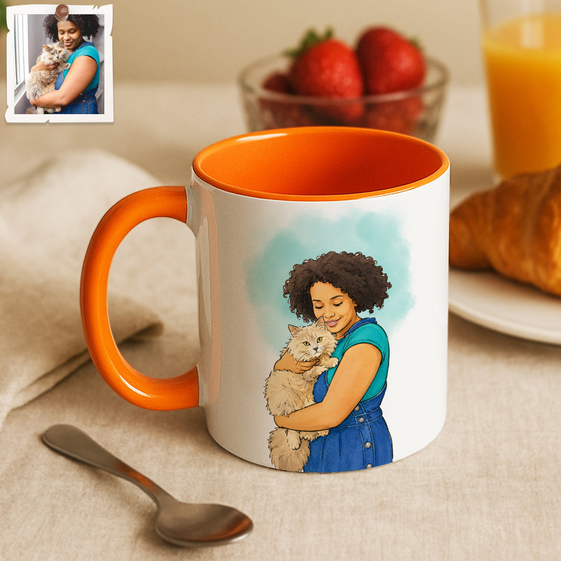 Custom Cat & Owner Watercolor Doodle Accent Mug with Personalized Text Coffee Cup, 11 oz, 15 oz