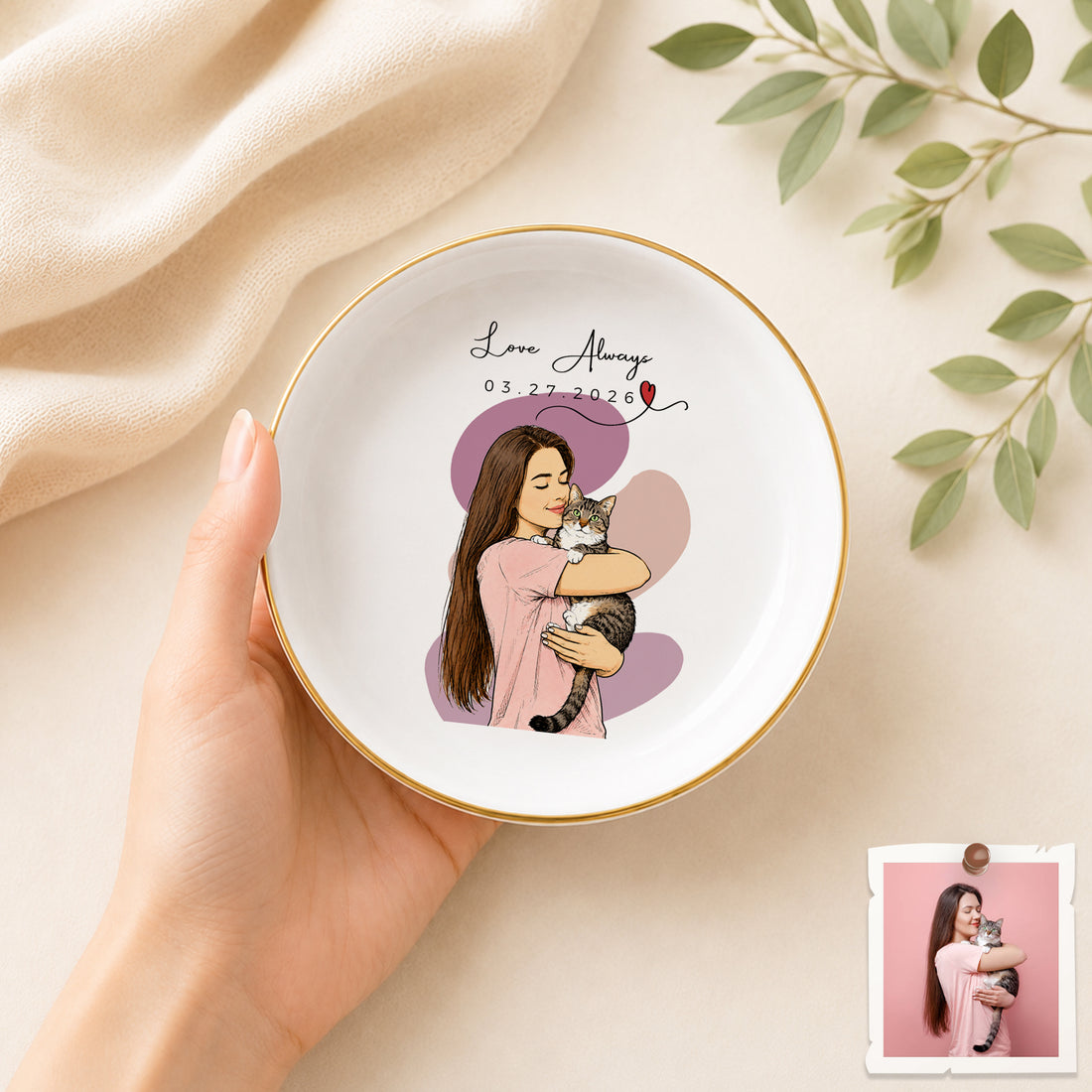 Custom Cat and Owner Sketch Doodle Trinket Dish with Personalized Text, Cat Lover Jewelry Keepsake Gift