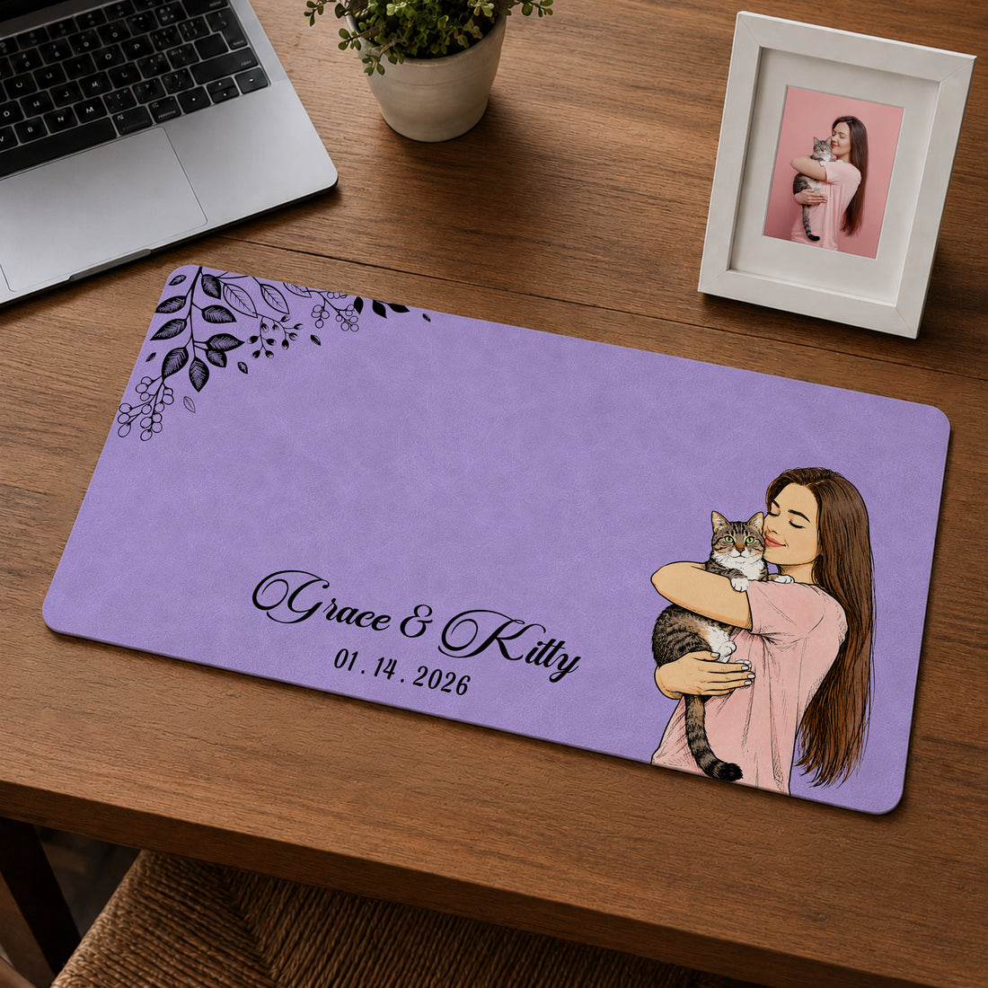 Custom Cat & Owner Photo Sketch Doodle Desk Mat with Personalized Text, Cute Cat Parent Desk Pad Gift