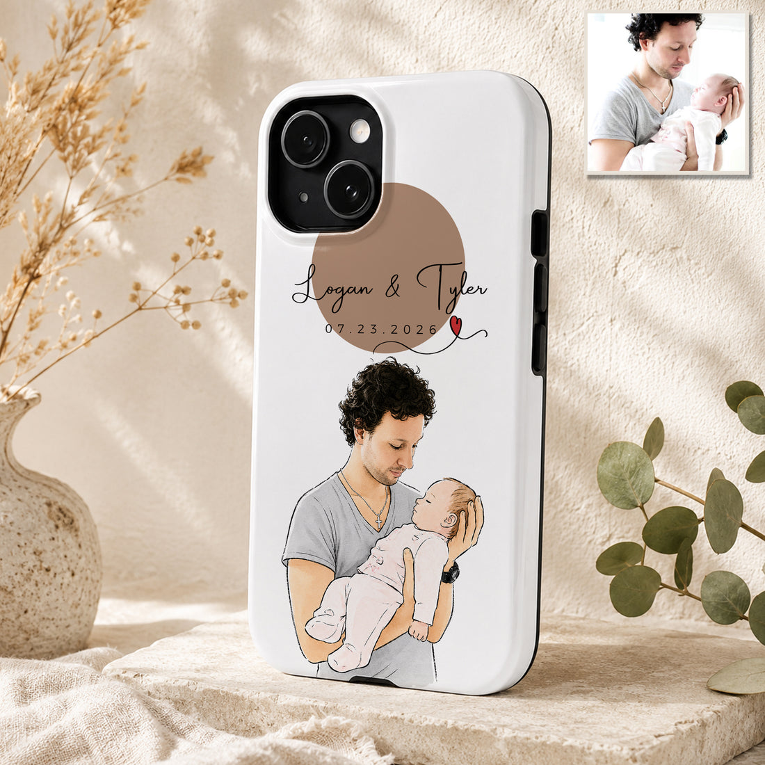 Tough Phone Case for iPhone & Samsung, Personalized Baby With Dad Watercolor Doodle Photo Case with Custom Text