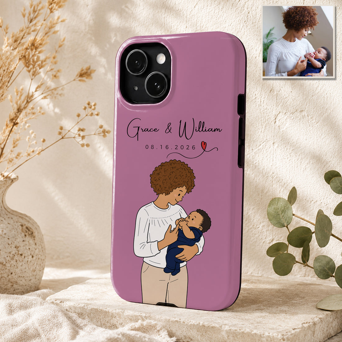 Tough Phone Case for iPhone & Samsung, Personalized Baby With Mom Funny Doodle Case with Custom Text