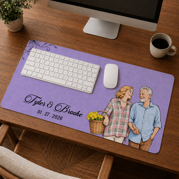 Personalized Couple Photo Sketch Doodle Desk Mat with Custom Text, Custom Romantic Desk Pad Gift