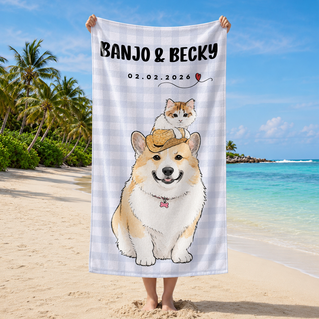 Personalized Pet Watercolor Doodle Beach Towel with Custom Text, Artistic Dog or Cat Summer Gift