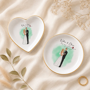 Personalized Engagement and Wedding Photo Illustration Trinket Dish with Custom Text, Romantic Couple Keepsake Gift