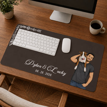Custom Dog & Owner Photo Sketch Doodle Desk Mat with Personalized Text, Cute Dog Parent Desk Pad Gift