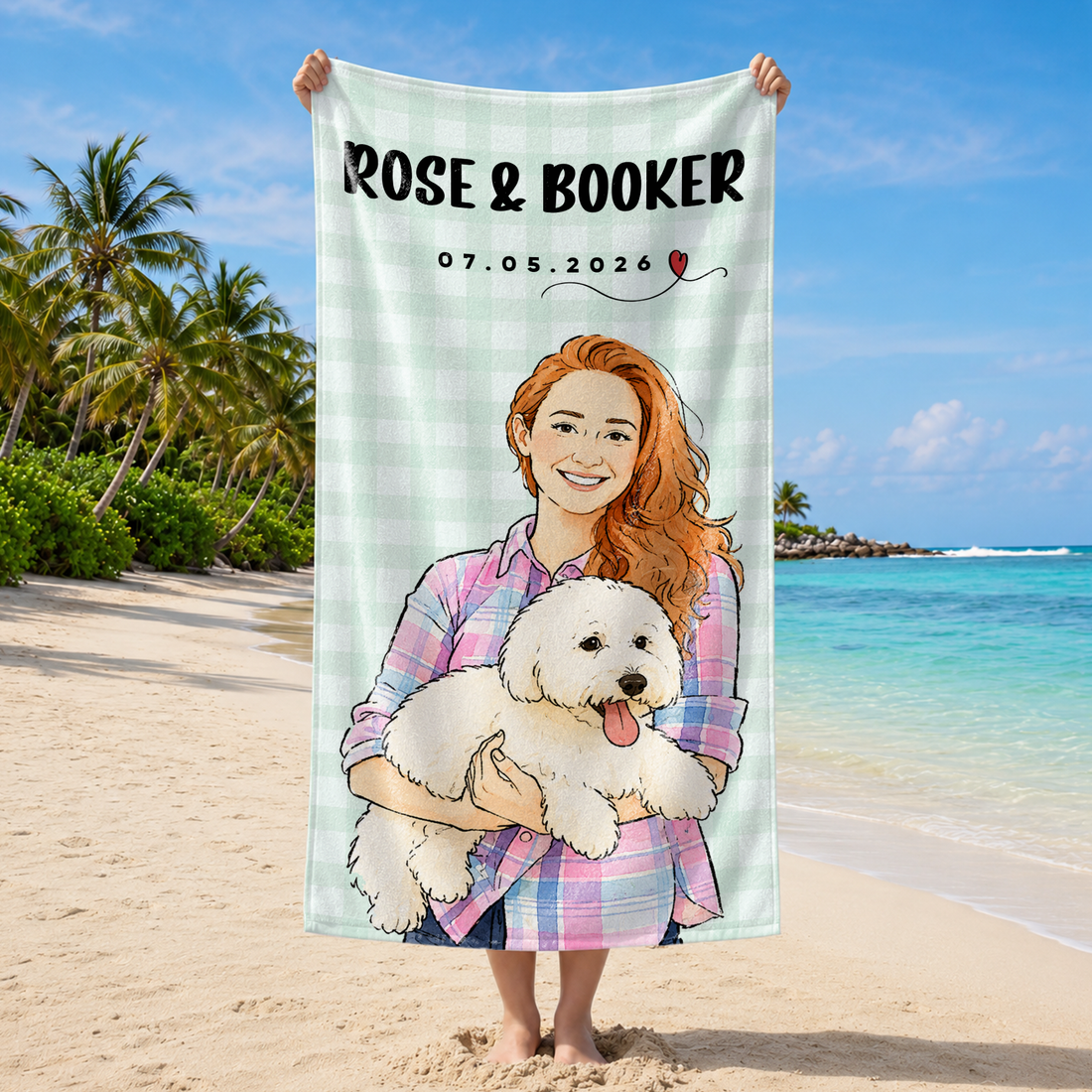 Personalized Pet and Owner Watercolor Doodle Beach Towel with Custom Text, Artistic Summer Gift for Pet Lovers