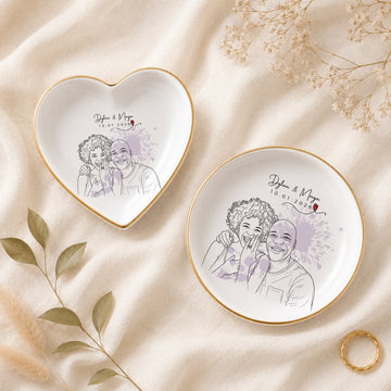 Personalized Young Couple Engagement Detailed Line Art Trinket Dish with Custom Text, Romantic Ring Keepsake Gift