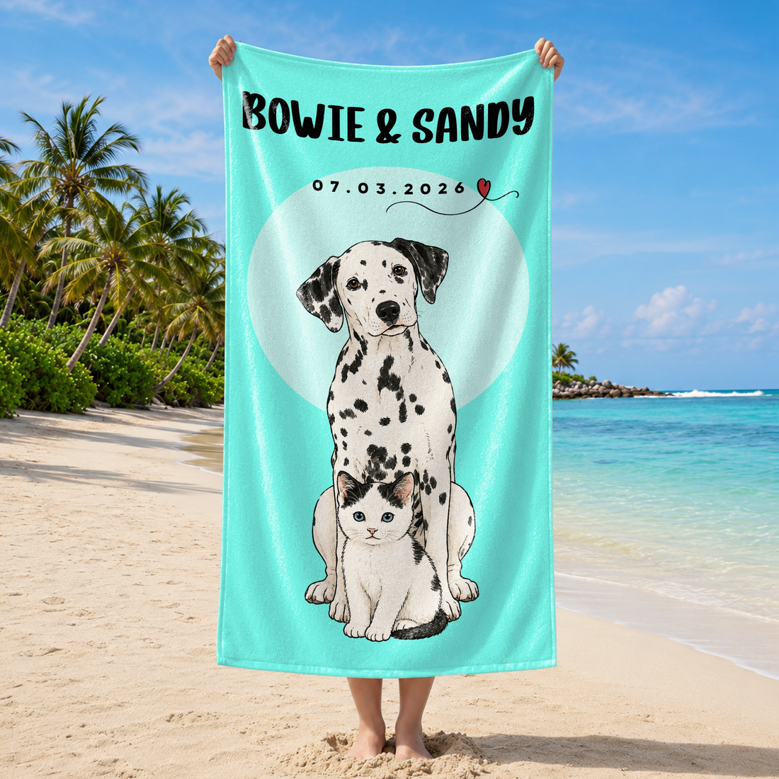Custom Pet Watercolor Doodle Beach Towel with Personalized Text, Artistic Summer Keepsake Gift