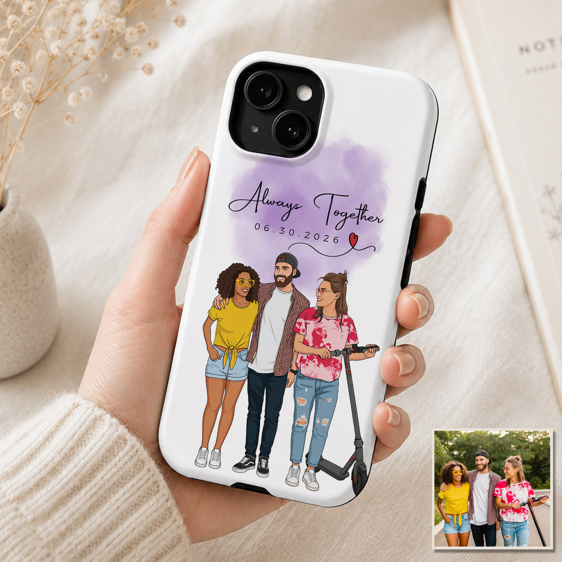 Tough Phone Case for iPhone & Samsung, Personalized Friends Photo Illustration Case with Custom Text
