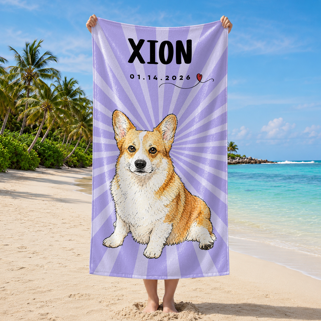 Custom Pet Sketch Doodle Beach Towel with Personalized Text, Cute Pet Portrait Summer Gift