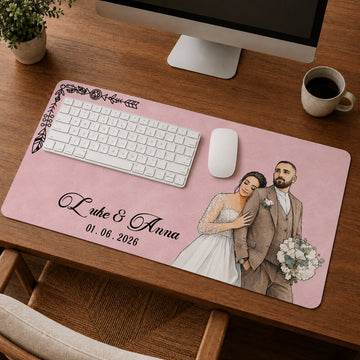 Personalized Wedding Photo Watercolor Doodle Desk Mat with Custom Text, Custom Romantic Desk Pad Gift