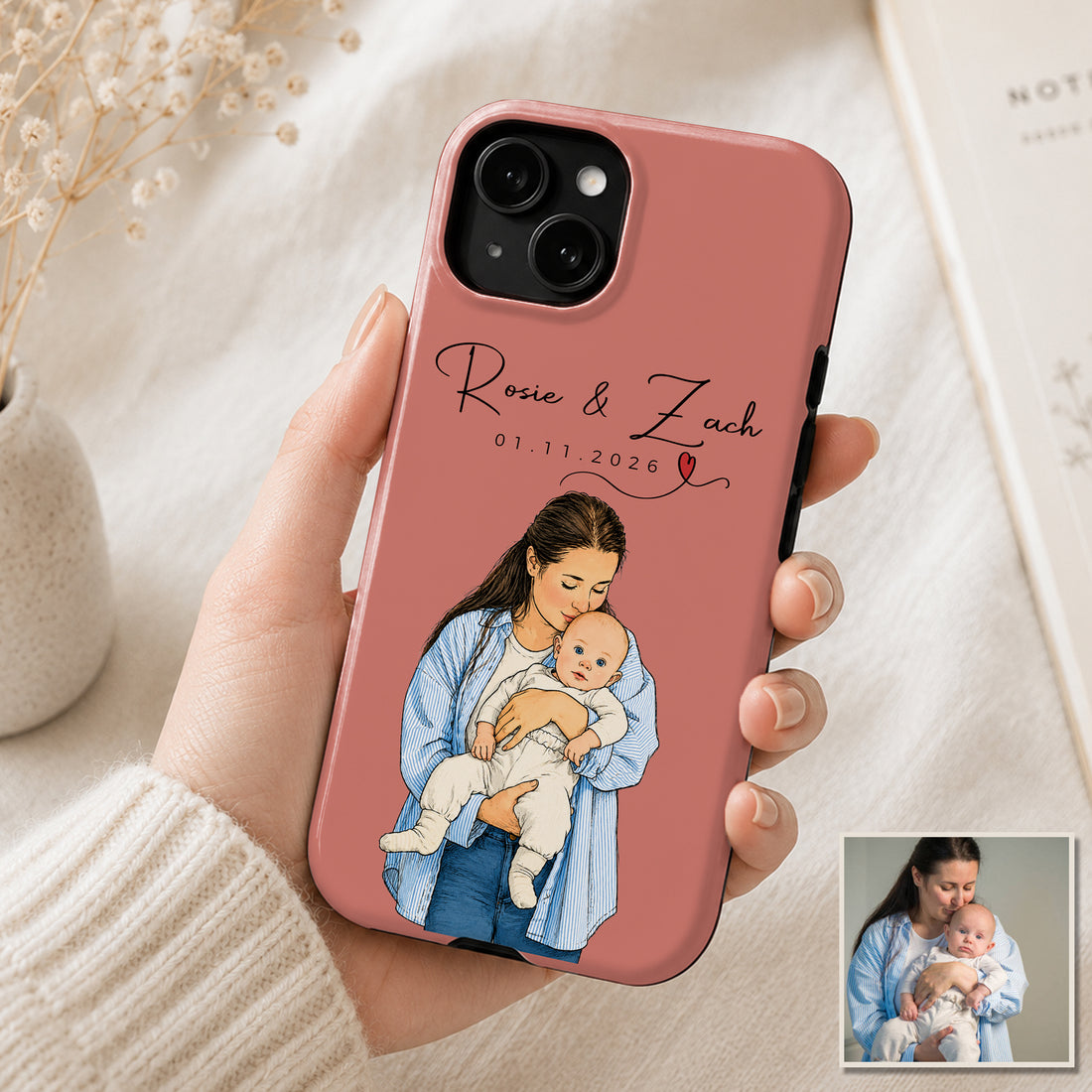 Tough Phone Case for iPhone & Samsung, Personalized Baby With Mom Sketch Doodle Photo Case with Custom Text