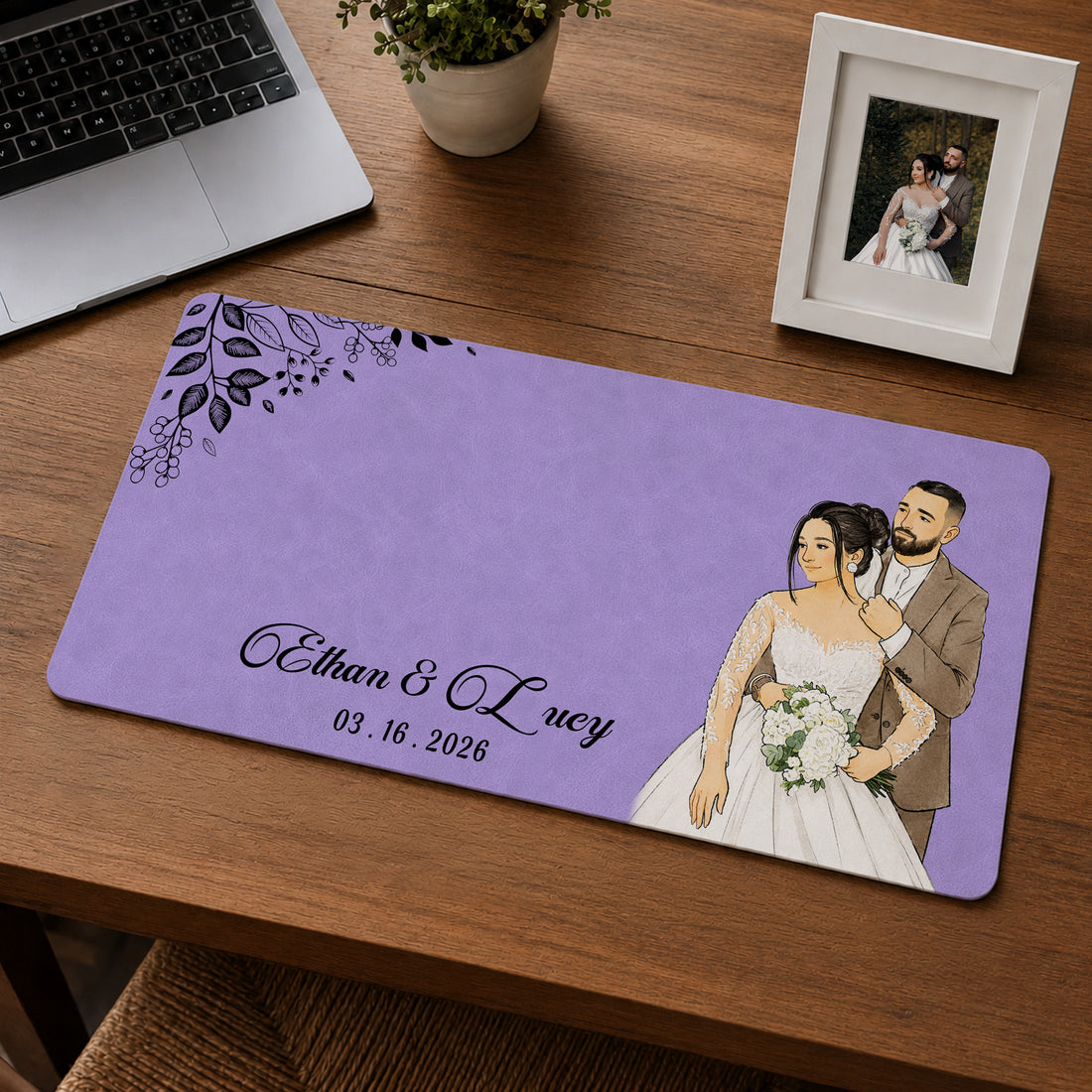 Personalized Wedding Photo Watercolor Doodle Desk Mat with Custom Text, Custom Romantic Desk Pad Gift