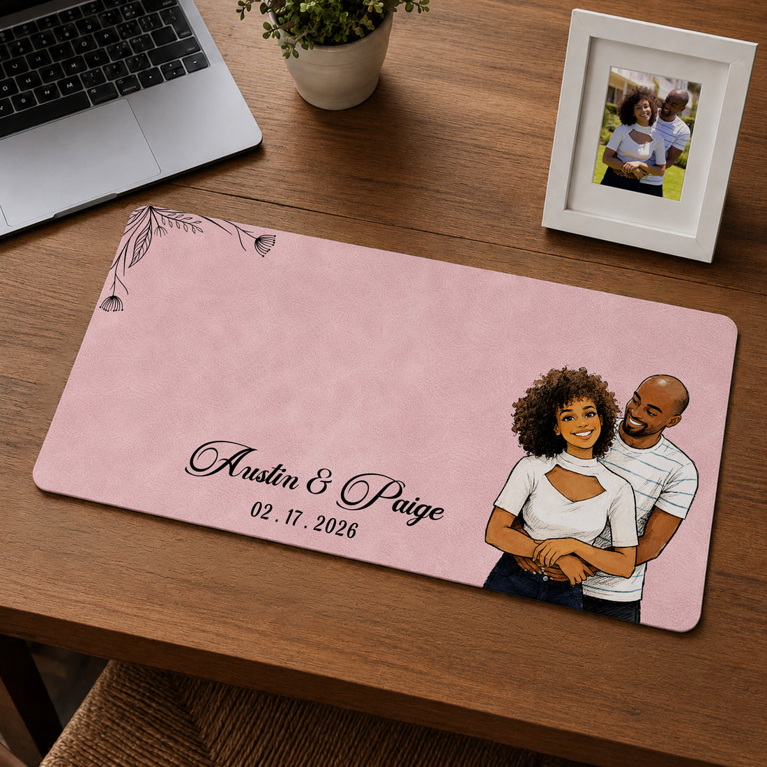 Personalized Couple Photo Sketch Doodle Desk Mat with Custom Text, Custom Romantic Desk Pad Gift