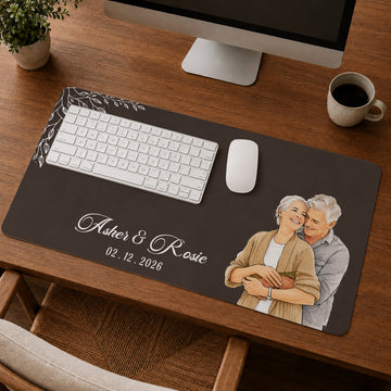 Personalized Couple Photo Watercolor Doodle Desk Mat with Custom Text, Custom Romantic Desk Pad Gift