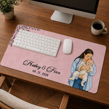 Personalized Baby With Mom Photo Sketch Doodle Desk Mat with Custom Text, Custom First Time Mom Desk Pad Gift