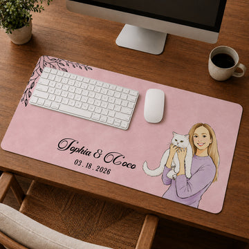Custom Cat & Owner Photo Watercolor Doodle Desk Mat with Personalized Text, Cute Cat Lover Desk Pad Gift