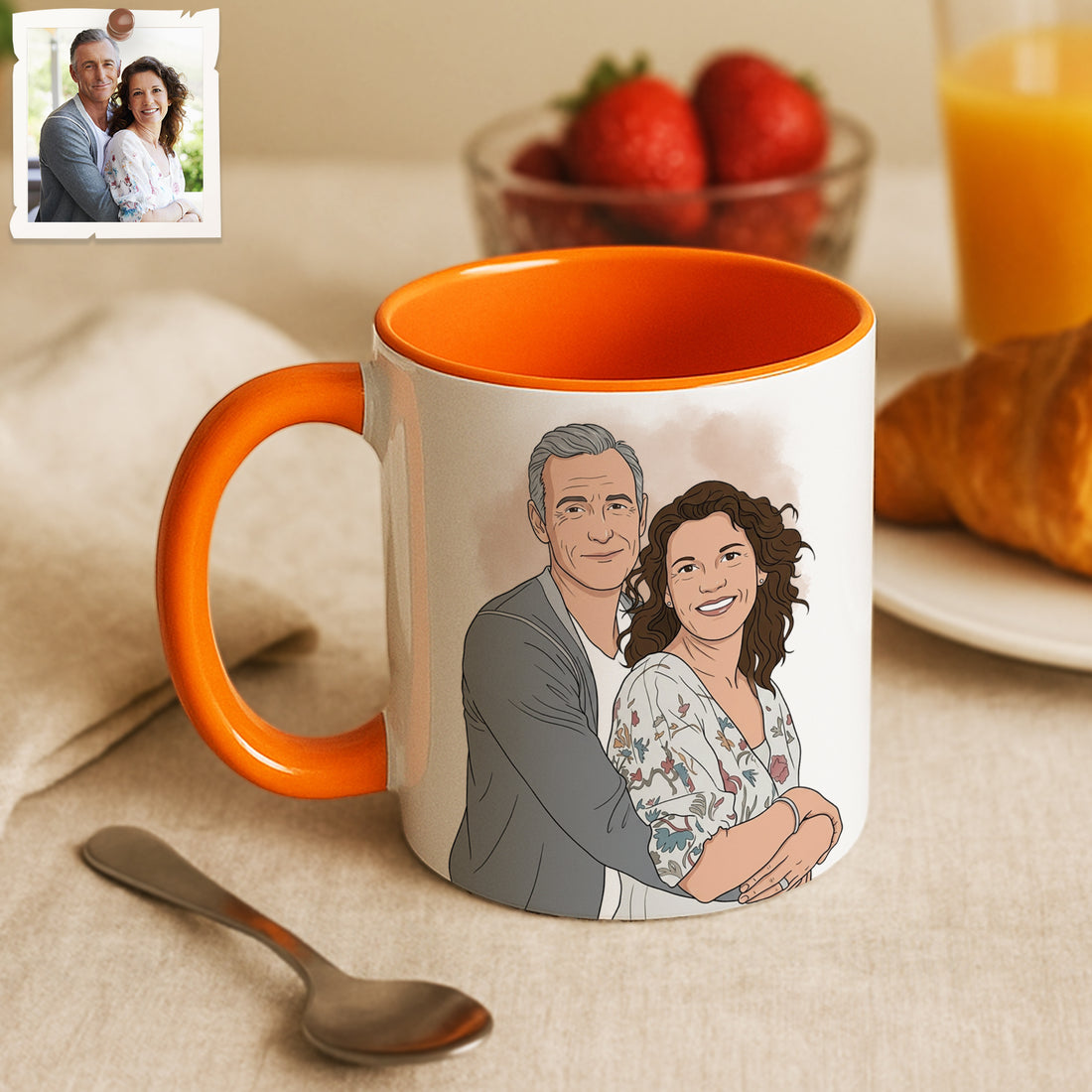 Personalized Couple Photo Illustration Art Accent Mug, Custom Text Romantic Coffee Cup for Husband Wife, 11 oz, 15 oz