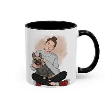 Personalized Pet and Owner Portrait Illustration Art Accent Mug with Custom Text, Dog Cat Coffee Cup, 11 oz, 15 oz