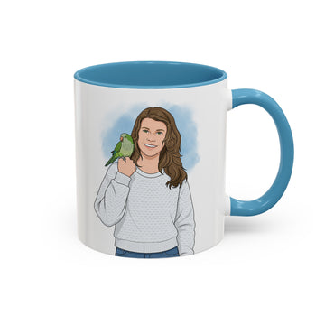 Personalized Pet and Owner Portrait Illustration Art Accent Mug with Custom Text, Rabbit Bird Small Pet Coffee Cup, 11 oz, 15 oz