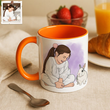 Personalized Pet and Owner Portrait Illustration Art Accent Mug with Custom Text, Rabbit Bird Small Pet Coffee Cup, 11 oz, 15 oz