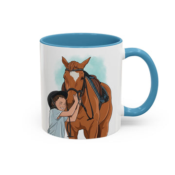 Personalized Farm Pet and Owner Portrait Illustration Art Accent Mug with Custom Text, Horse Chicken Pig Coffee Cup, 11 oz, 15 oz