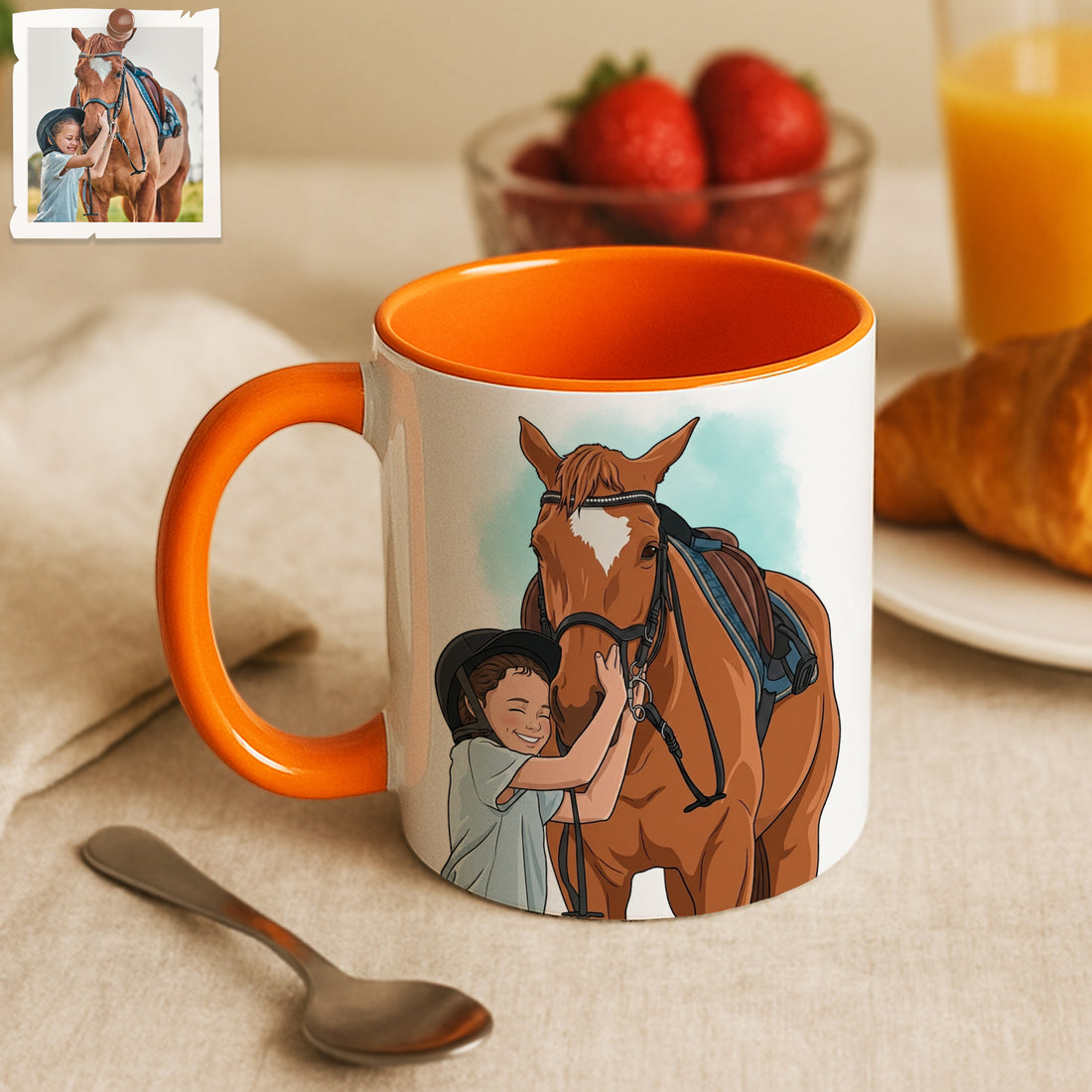 Personalized Farm Pet and Owner Portrait Illustration Art Accent Mug with Custom Text, Horse Chicken Pig Coffee Cup, 11 oz, 15 oz