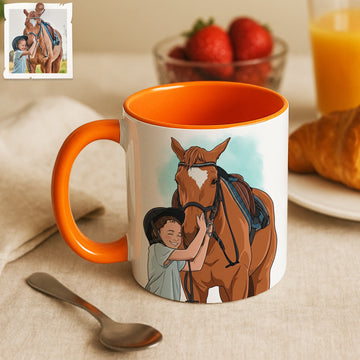 Personalized Farm Pet and Owner Portrait Illustration Art Accent Mug with Custom Text, Horse Chicken Pig Coffee Cup, 11 oz, 15 oz