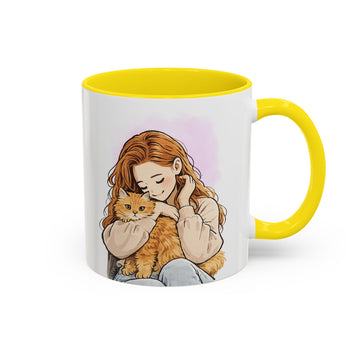 Personalized Pet and Owner Anime Illustration Accent Mug with Custom Text, Dog Cat Bird duck Coffee Cup, 11 oz, 15 oz