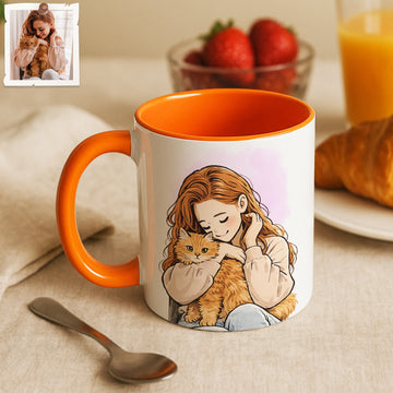 Personalized Pet and Owner Anime Illustration Accent Mug with Custom Text, Dog Cat Bird duck Coffee Cup, 11 oz, 15 oz
