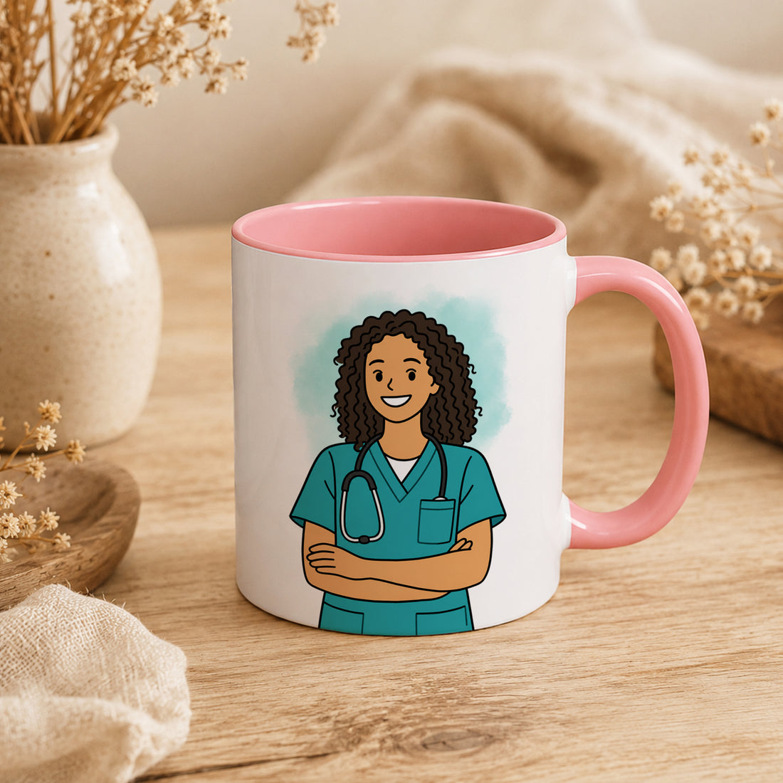 Personalized Nurse Vet Portrait Funny Doodle Accent Mug with Custom Text, Coffee Cup, 11 oz, 15 oz