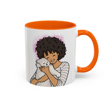 Personalized Pet and Owner Portrait Funny Doodle Accent Mug with Custom Text, Dog Cat Coffee Cup, 11 oz, 15 oz