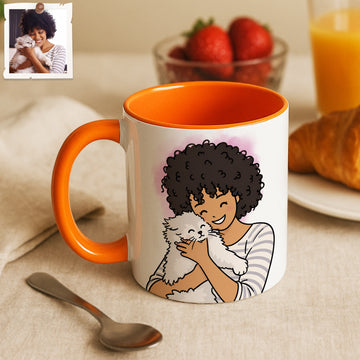 Personalized Pet and Owner Portrait Funny Doodle Accent Mug with Custom Text, Dog Cat Coffee Cup, 11 oz, 15 oz